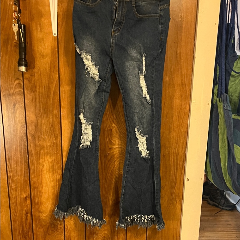 SHEIN Dark Blue Distressed Flare Jeans